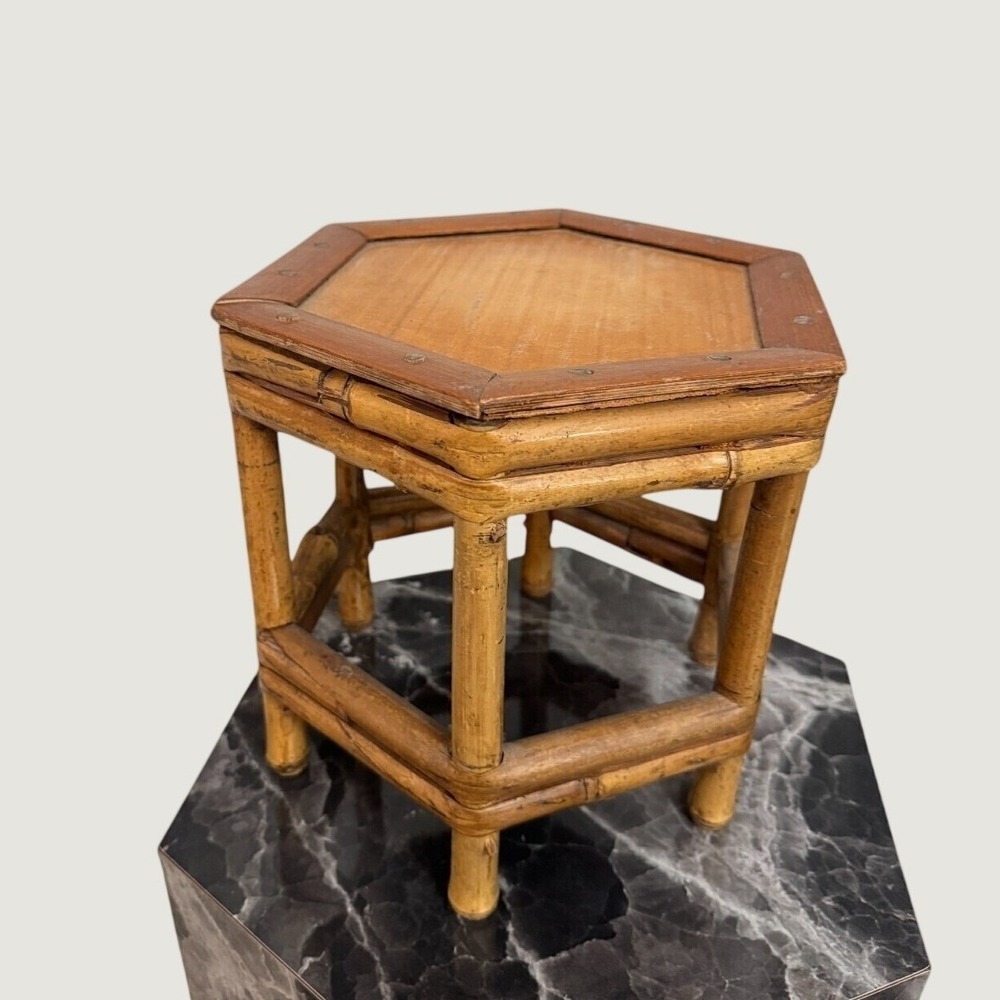 Vintage Hexagonal Bamboo Plant Stand Pedestal Riser Rattan Boho Decor 9"